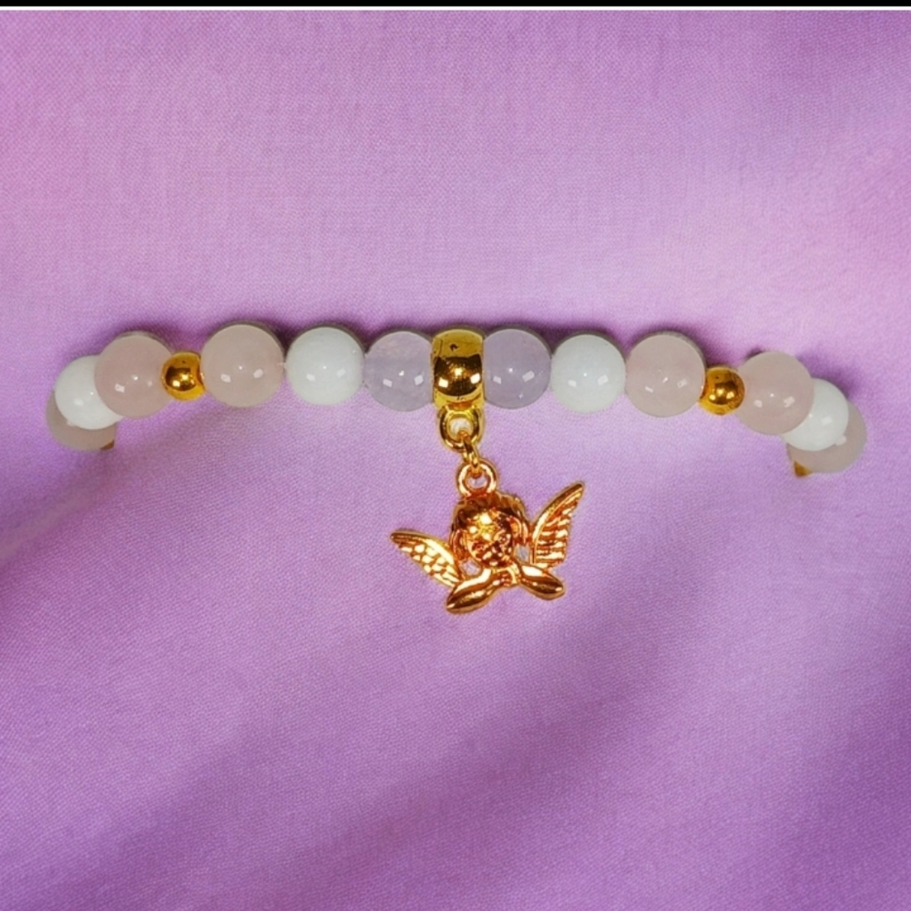 Pastel Rose Quartz Jade Chalcedony Bracelet with Cherub Angel Charm Angelcore